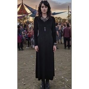 Vintage 90s Crushed Velvet Long Sleeve Midi Maxi Dress Goth Morticia Black 18 XL